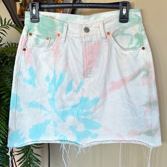 Levi's Premium High-Rise Deconstructed Jean Skirt White Pastel Tie Dye Denim - Picture 1 of 16